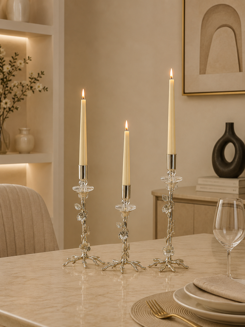 3-Piece Floral Metal Taper Candle Holder Set – Decorative Gold & Silver Finish Candlestick Holders for Table Centerpieces