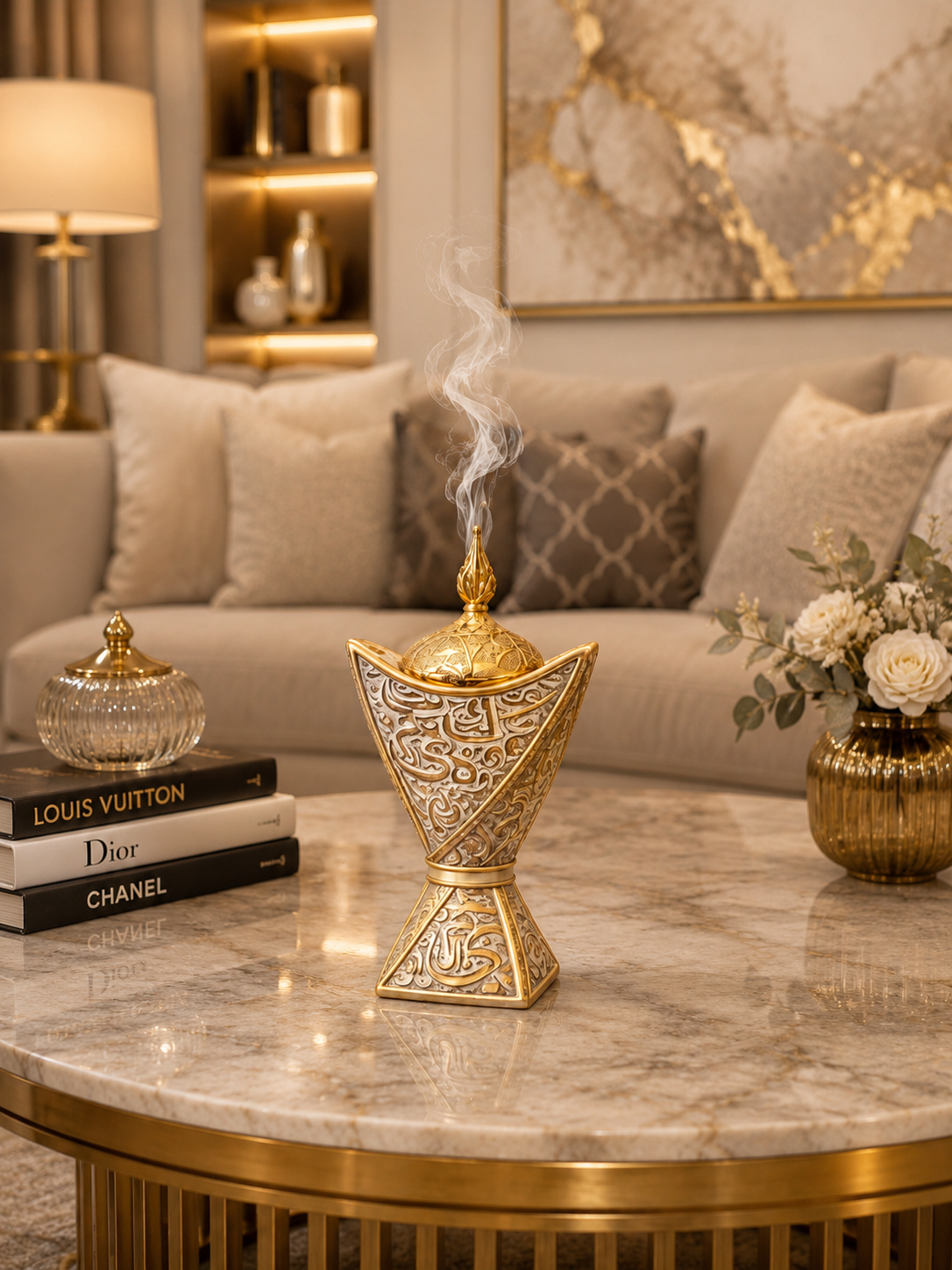 Luxury Arabic Dallah Style Bakhoor Burner | Gold & White Decorative Incense Burner | Islamic Home Décor