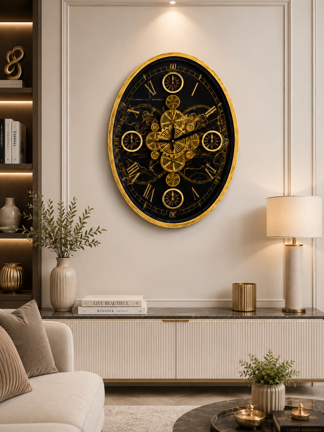 Luxury Black & Gold Decorative Wall Clock – Ornate Gear & World Map Design