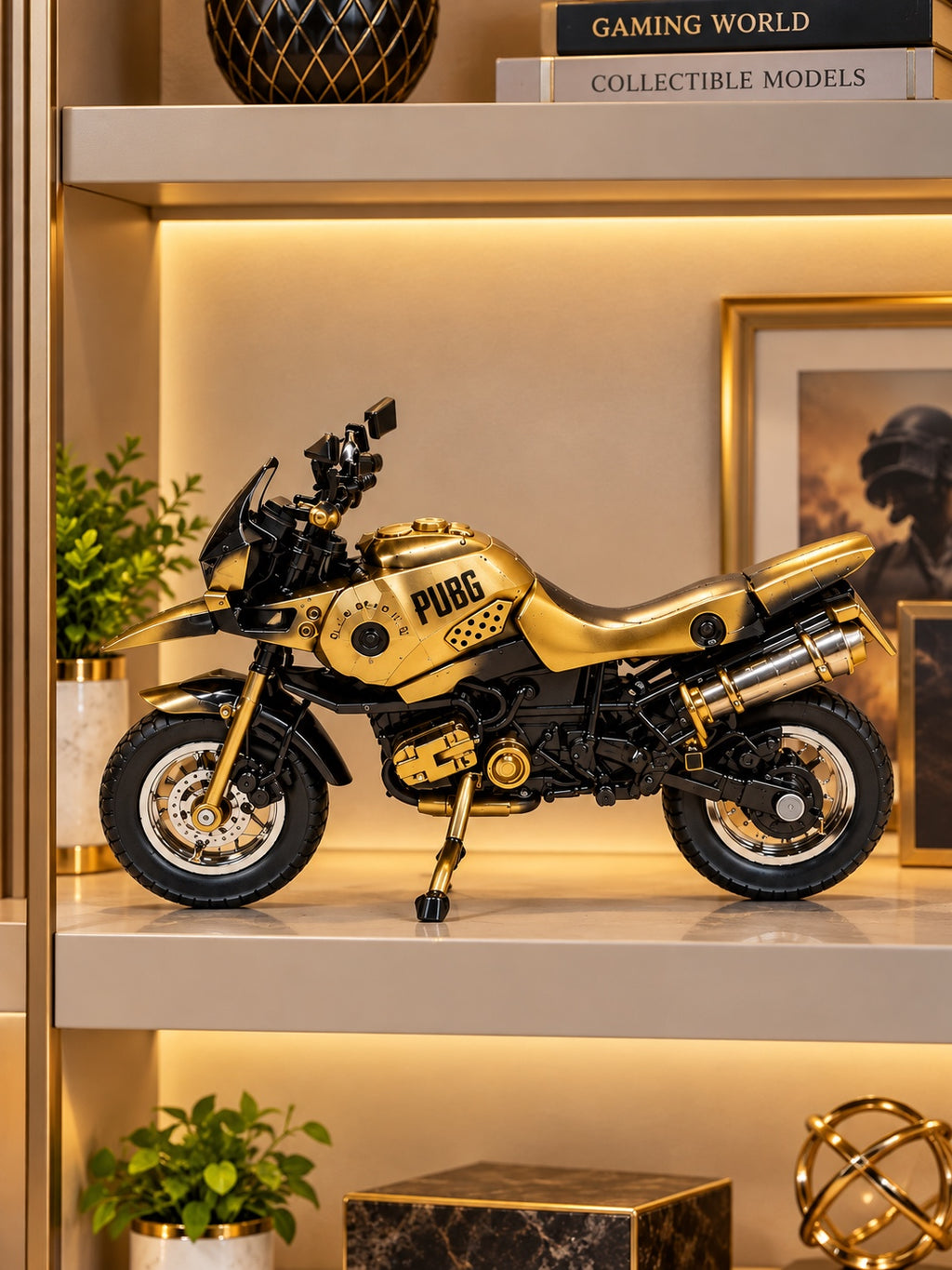 Premium PUBG-Inspired Gold & Black Motorcycle Decorative Showpiece