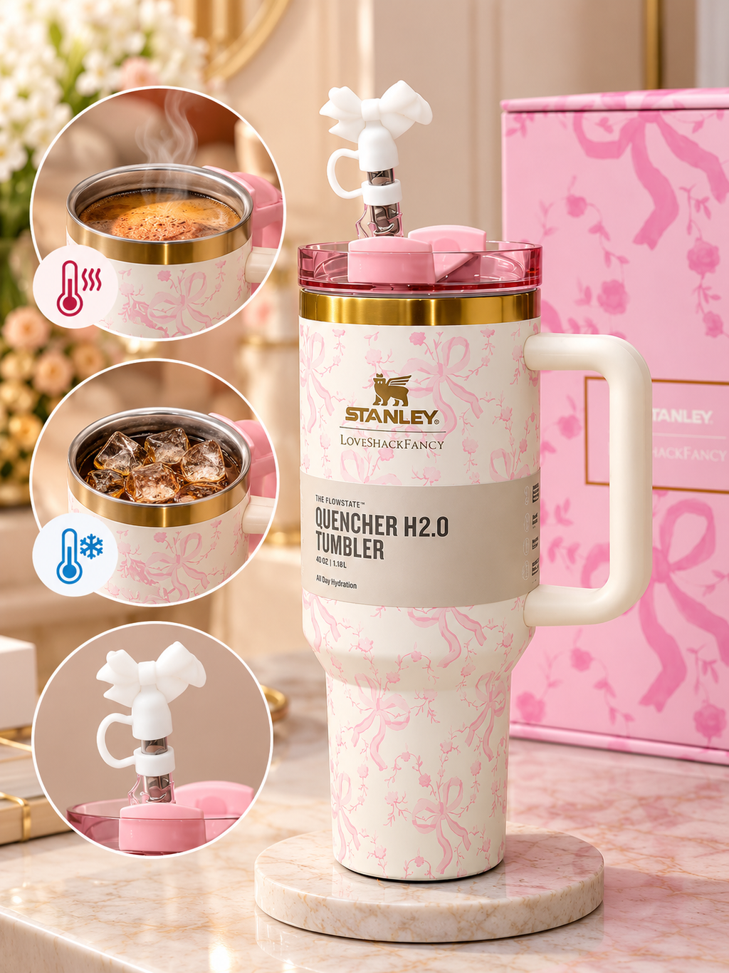 Stanley x LoveShackFancy Pink Bow Floral Quencher H2.0 Tumbler 40 oz