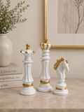 Luxury Chess Piece Figurine Set of 3 – White & Gold Resin King, Queen & Knight Decorative Sculptures