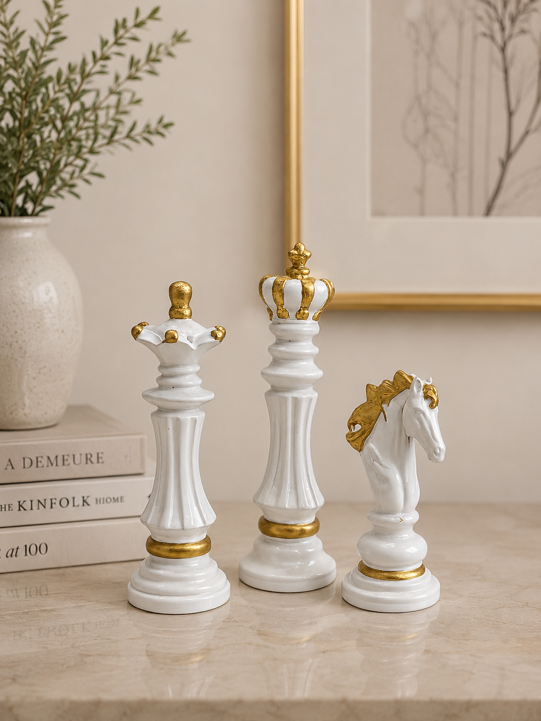 Luxury Chess Piece Figurine Set of 3 – White & Gold Resin King, Queen & Knight Decorative Sculptures