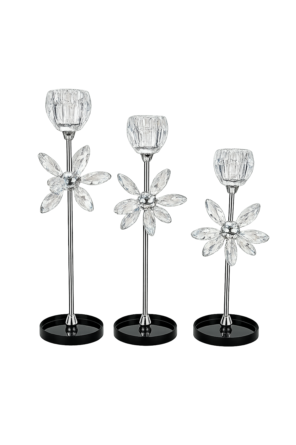Luxury Crystal Flower Candle Holder Set of 3 – Modern Glass Taper Candle Stand with Black Base