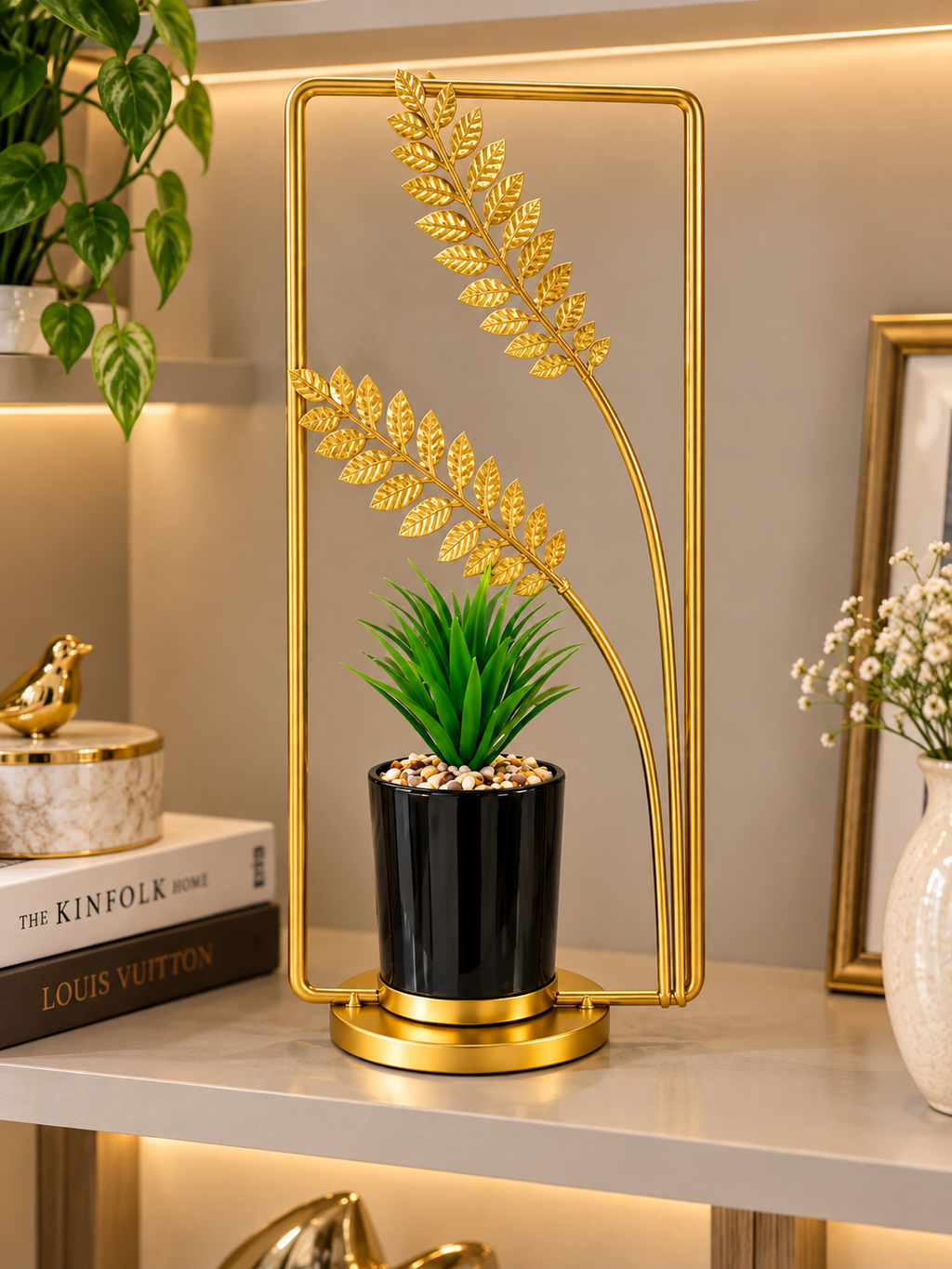 Luxury Gold Leaf Planter Stand with Black Pot – Elegant Decorative Plant Stand