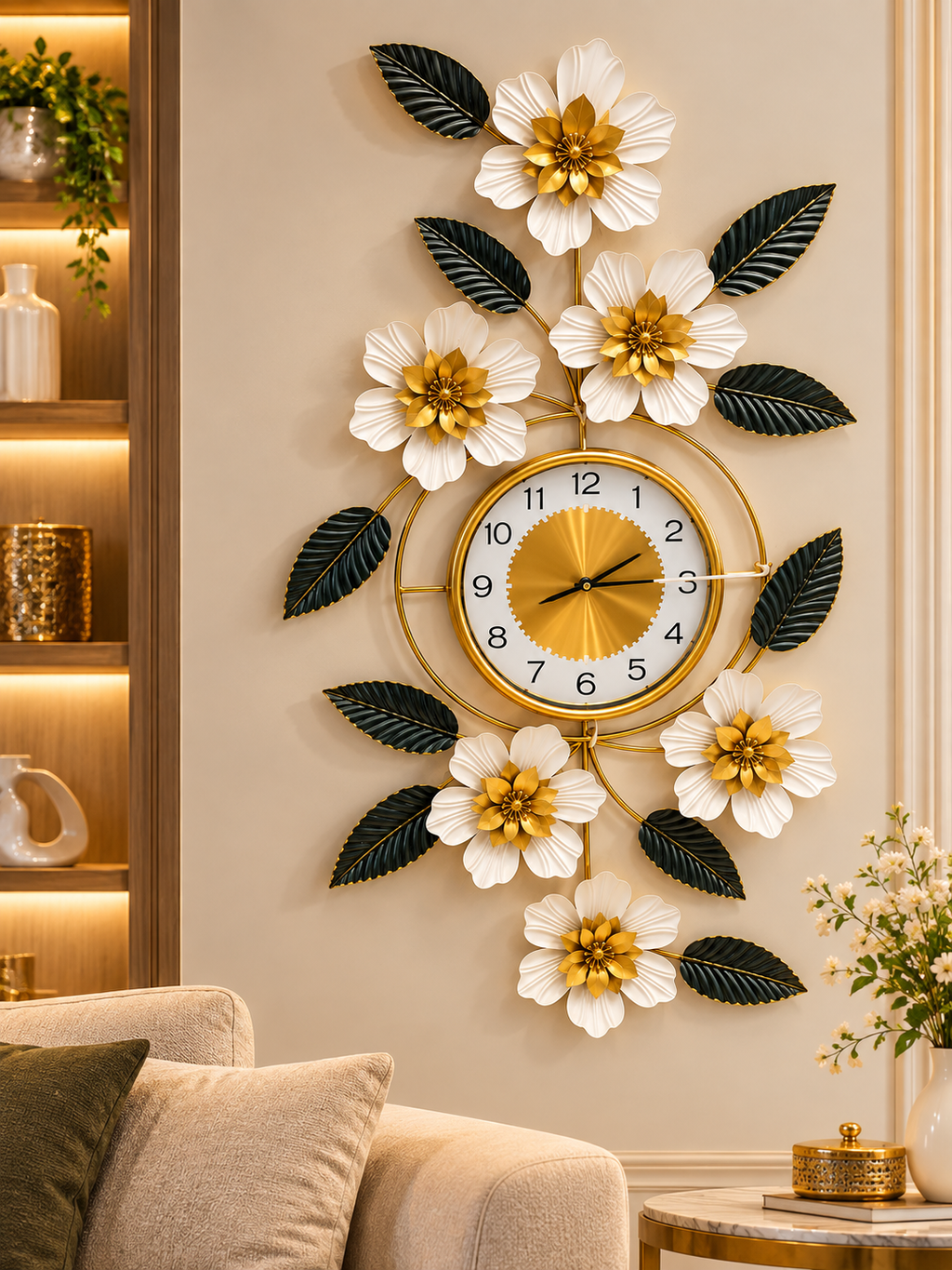 Luxury Floral Gold & Black Wall Clock – Elegant Modern Flower Decorative Clock