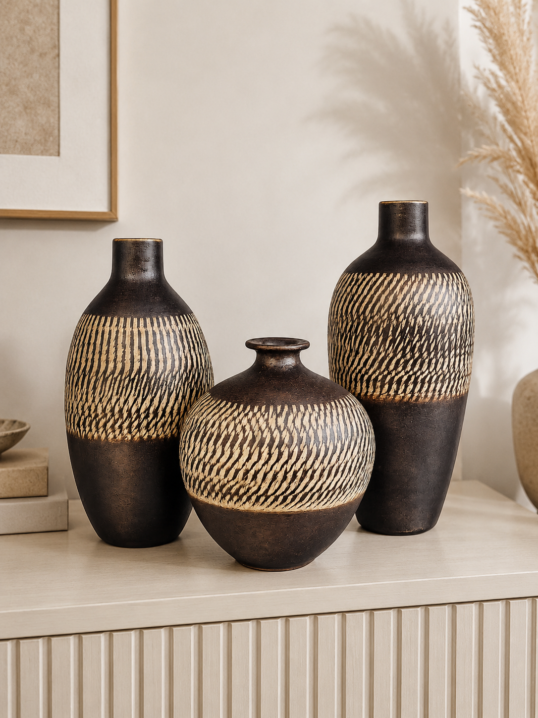 Modern Textured Decorative Vase Set of 3 | Black & Beige Resin Flower Vases | Luxury Home Décor