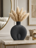 Modern Matte Black Shell Vase with Pampas Grass | Decorative Flower Vase for Home Décor