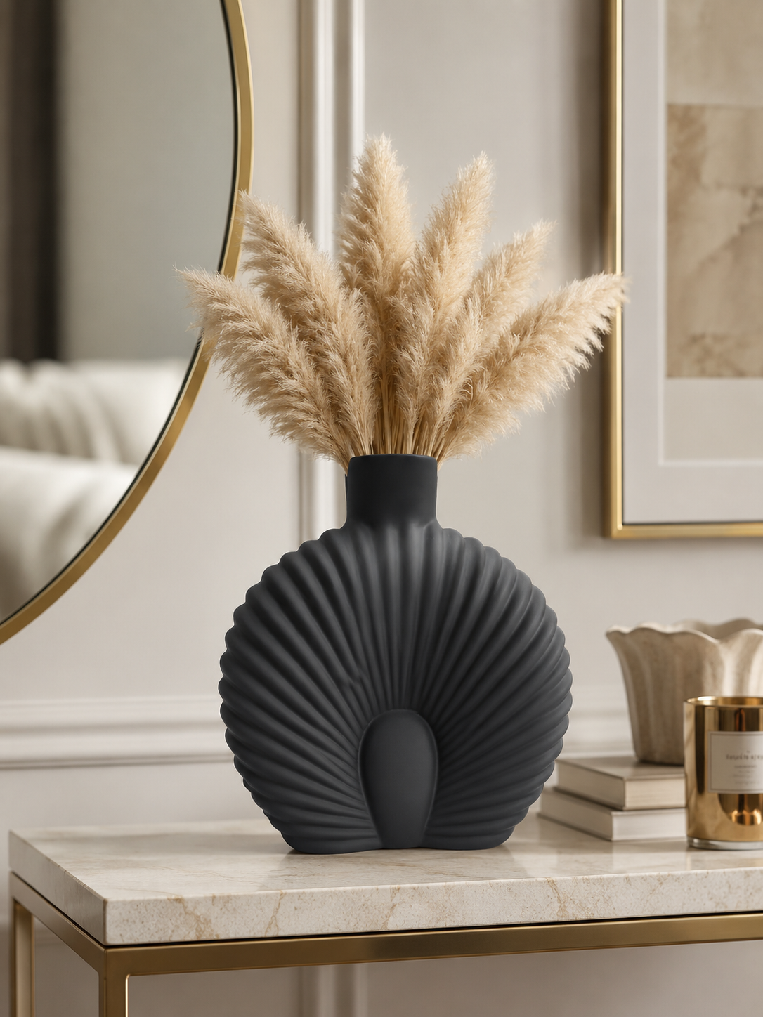 Modern Matte Black Shell Vase with Pampas Grass | Decorative Flower Vase for Home Décor