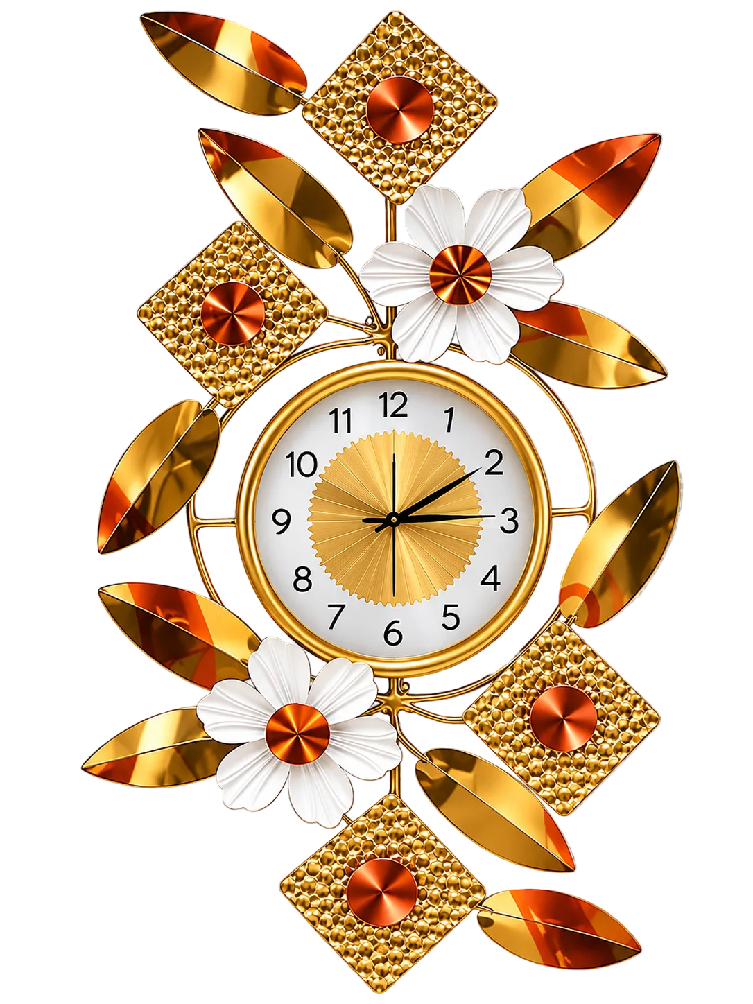 Luxury Golden & Copper Floral Wall Clock – Modern Metal Decorative Wall Art