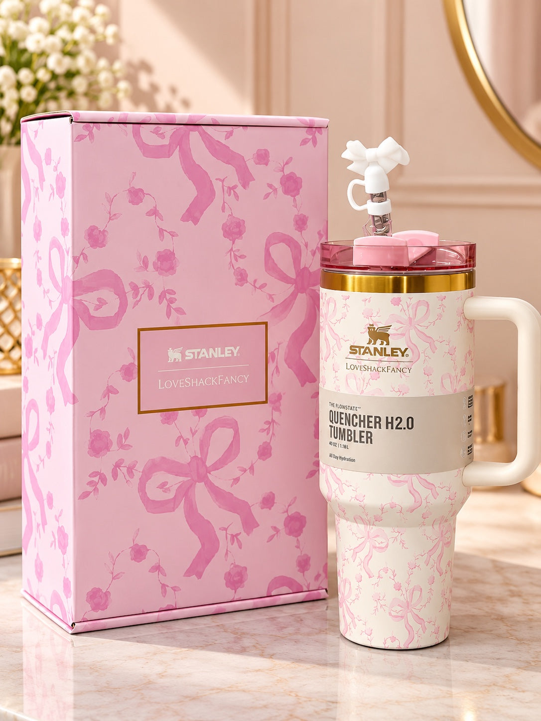 Stanley x LoveShackFancy Pink Bow Floral Quencher H2.0 Tumbler 40 oz
