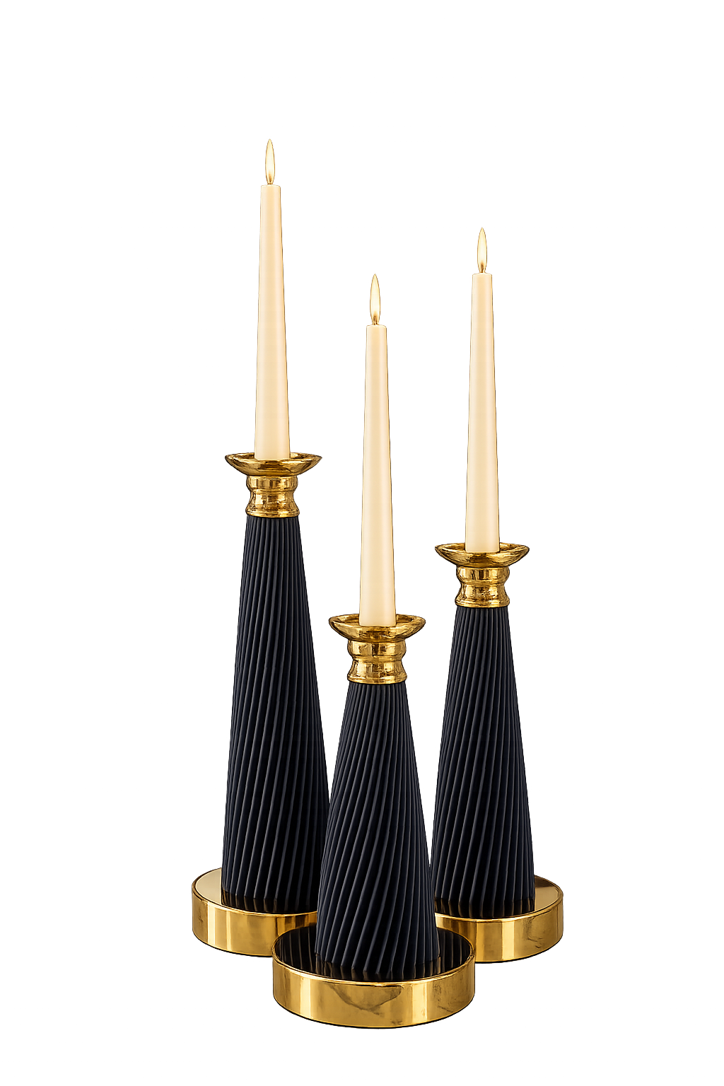 Luxury 3-Piece Black & Gold Ribbed Candle Holder Set | Modern Decorative Taper Candle Stands | Resin Candlestick Set