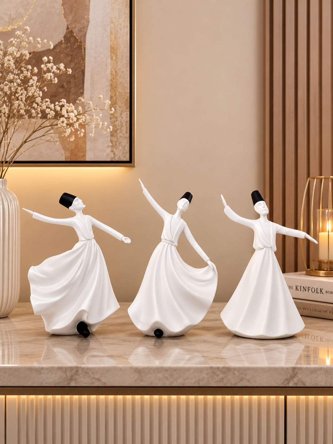Set of 3 White Whirling Dervish Figurines | Modern Resin Sufi Dancer Sculpture Set | Islamic Home Décor Showpieces