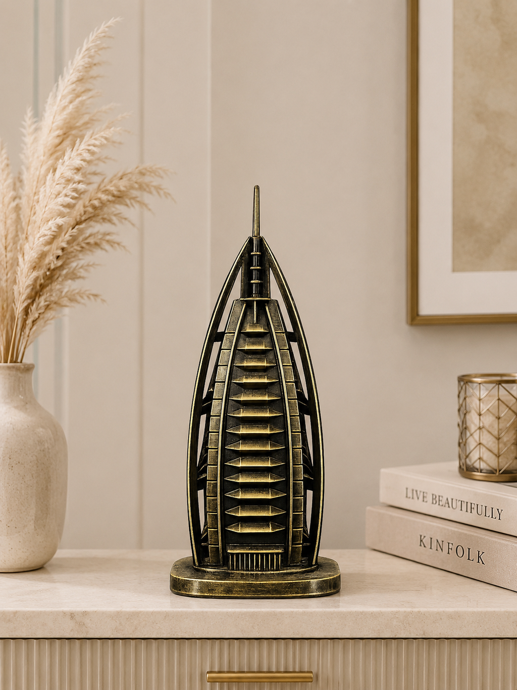 Burj Al Arab Decorative Showpiece | Antique Gold Metal Landmark Sculpture