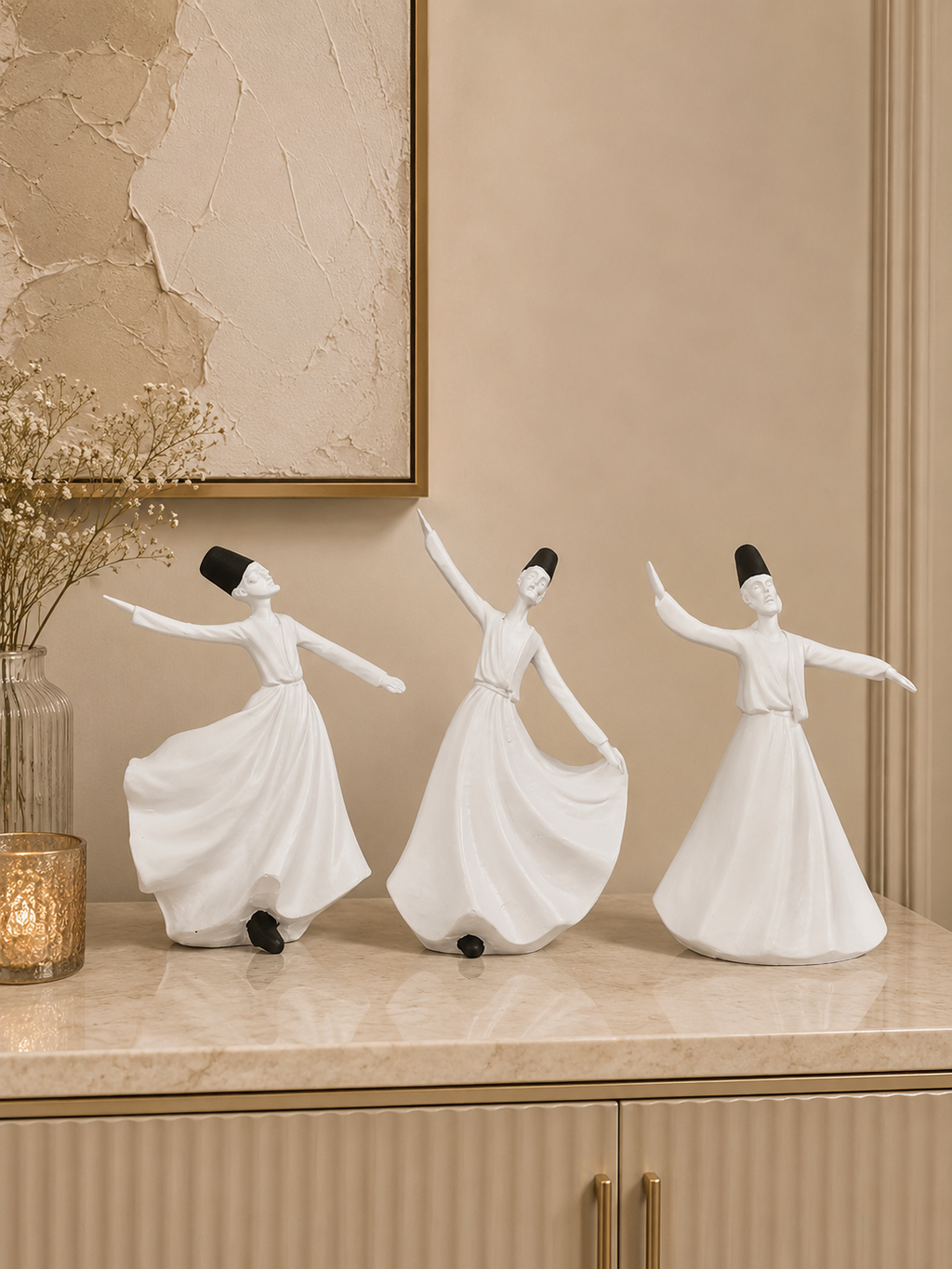 Set of 3 White Whirling Dervish Figurines | Modern Resin Sufi Dancer Sculpture Set | Islamic Home Décor Showpieces