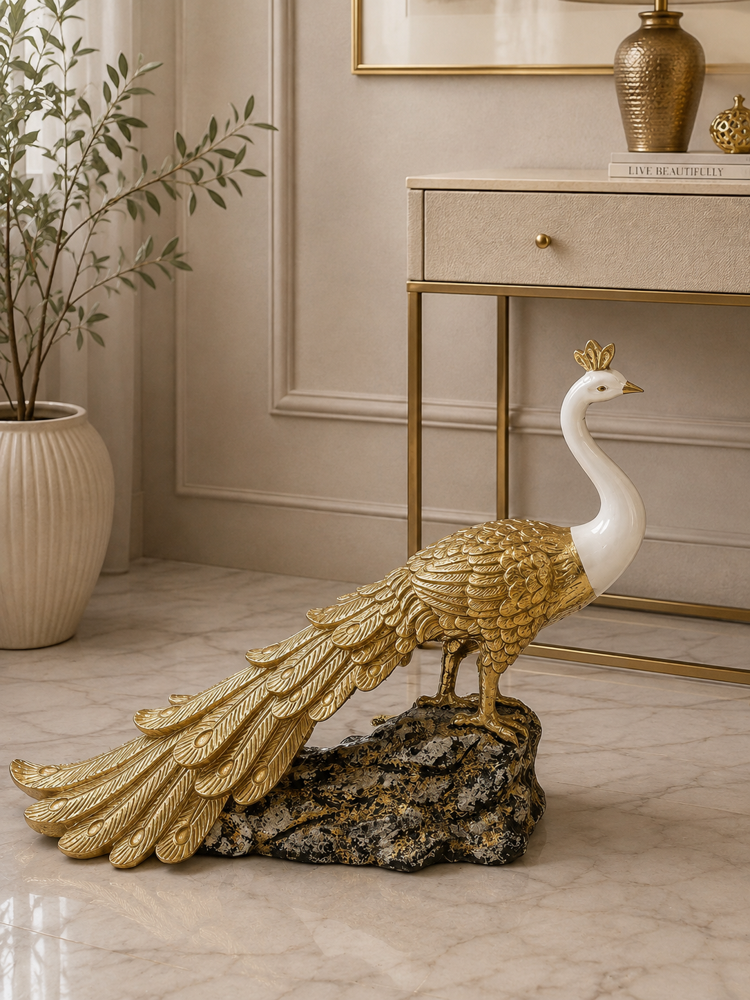 Luxury Peacock Resin Showpiece – Elegant Decorative Peacock Sculpture