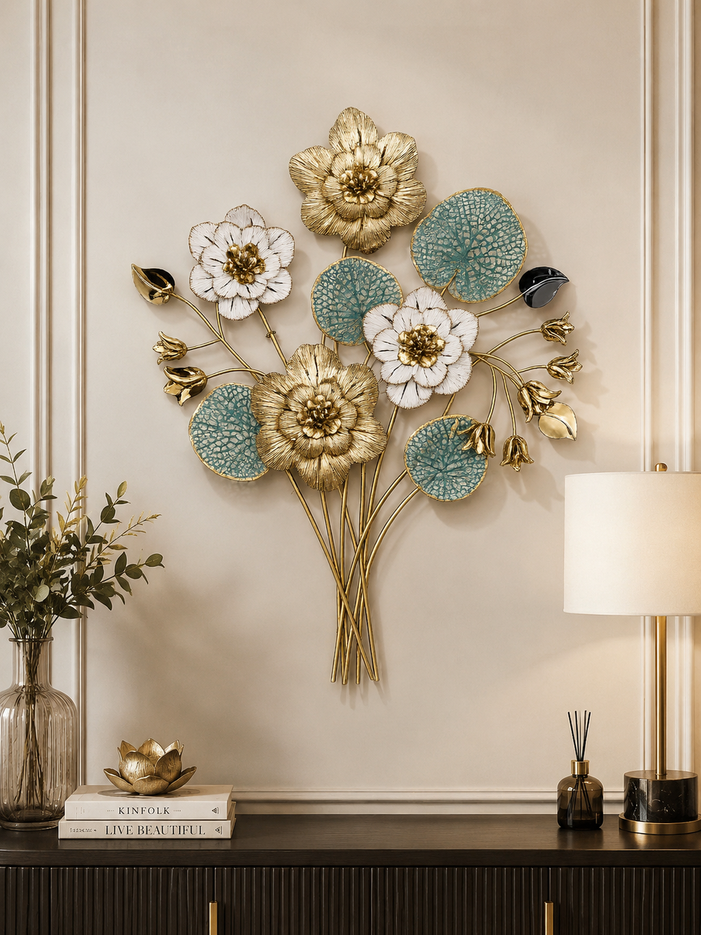 Luxury Floral Metal Wall Art | 3D Gold & White Flower Wall Decor with Blue Leaves