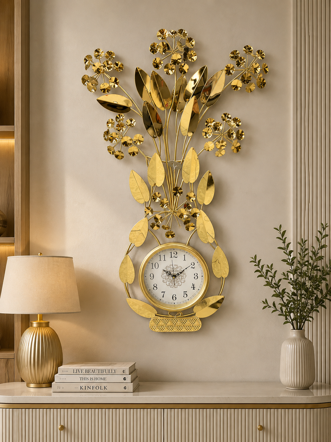 Luxury Golden Floral Wall Clock – Elegant Leaf & Blossom Decorative Clock