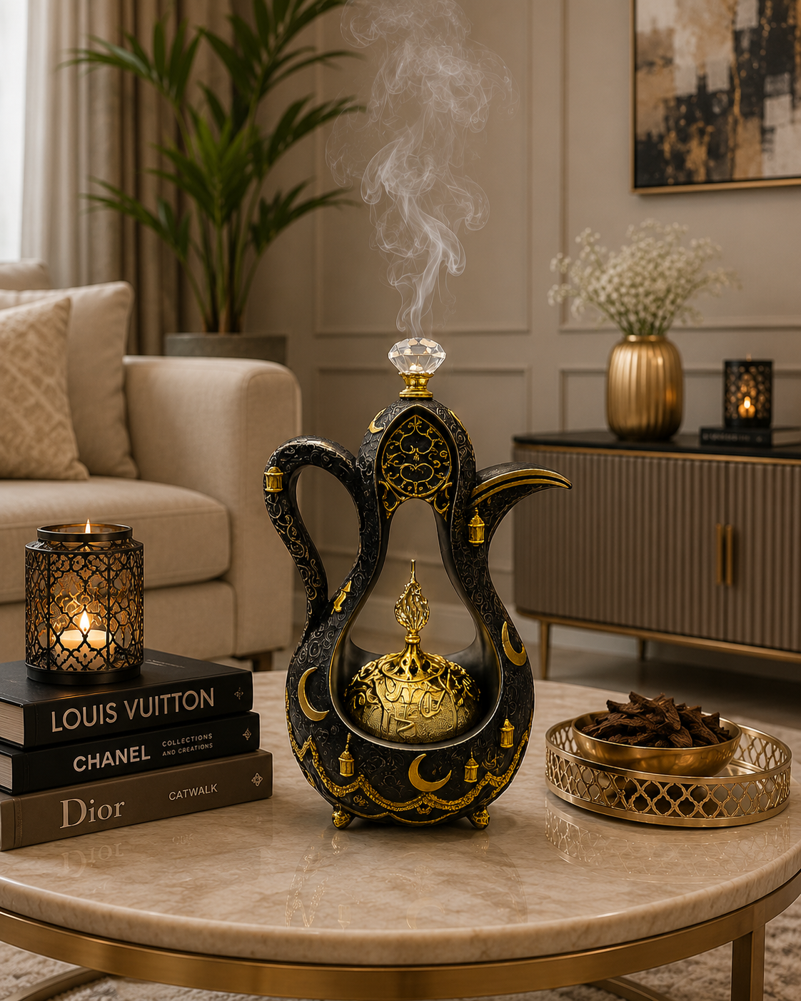 Luxury Arabic Dallah Bakhoor Burner | Decorative Coffee Pot Style Mabkhara | Black & Gold Oud Incense Burner | Islamic Home Décor