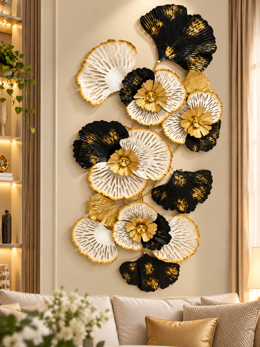 Luxury Black, White & Gold Floral Metal Wall Art – 3D Decorative Flower Wall Décor