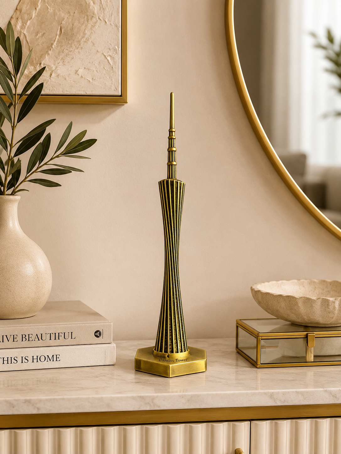 Modern Metal Tower Sculpture | Gold Architectural Table Décor | Luxury Home Accent