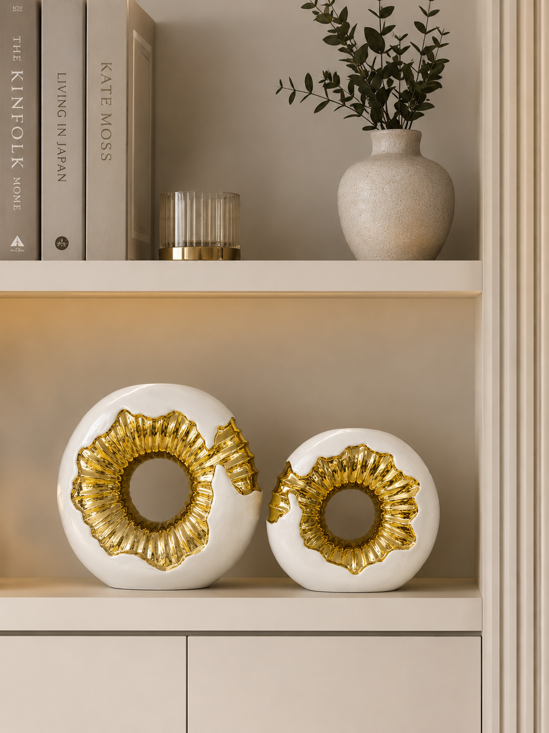 Luxury White & Gold Abstract Round Decorative Vase Set – 2 Pieces