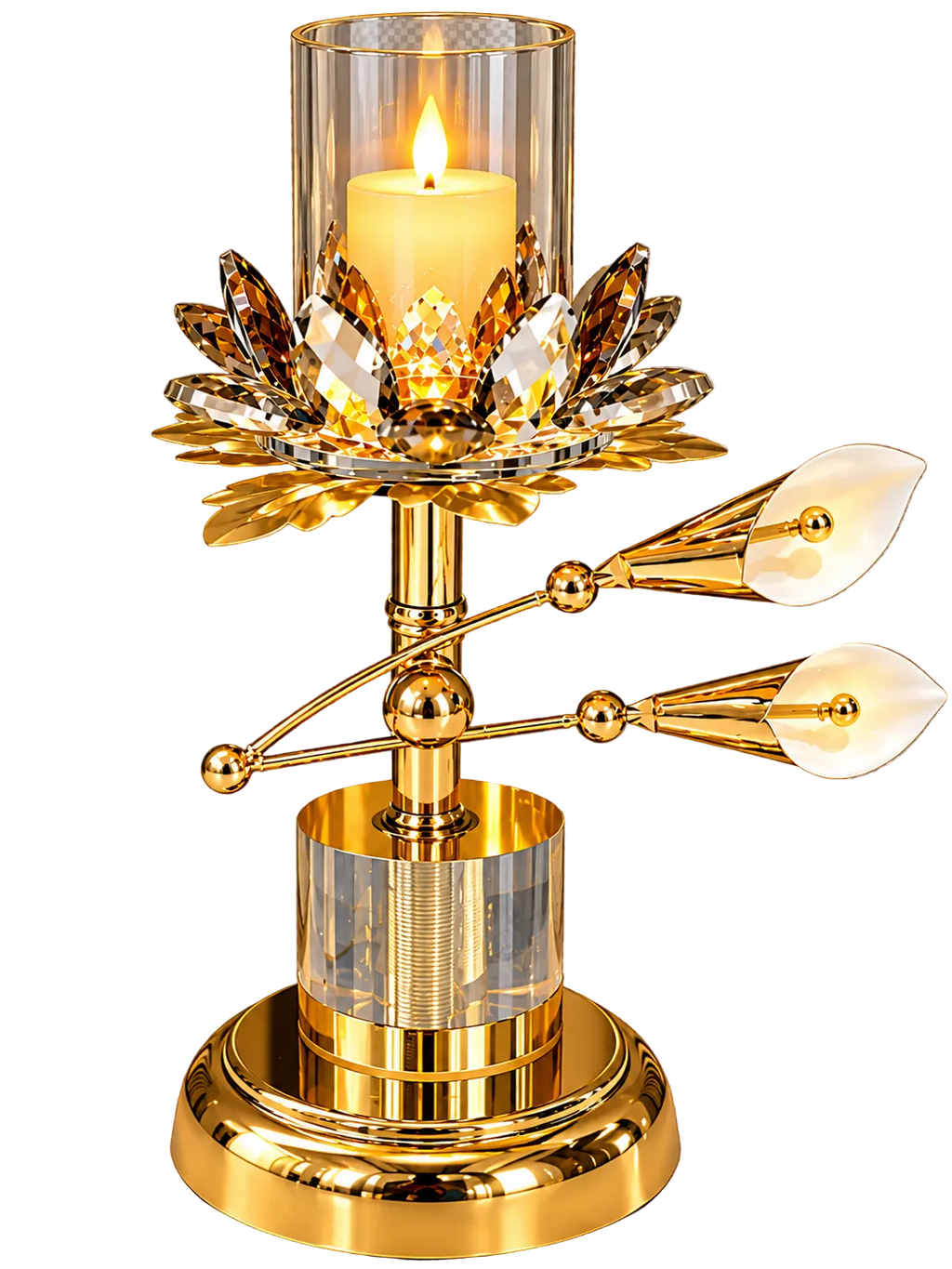 Luxury Gold Crystal Lotus Candle Holder with Floral Leaf Design