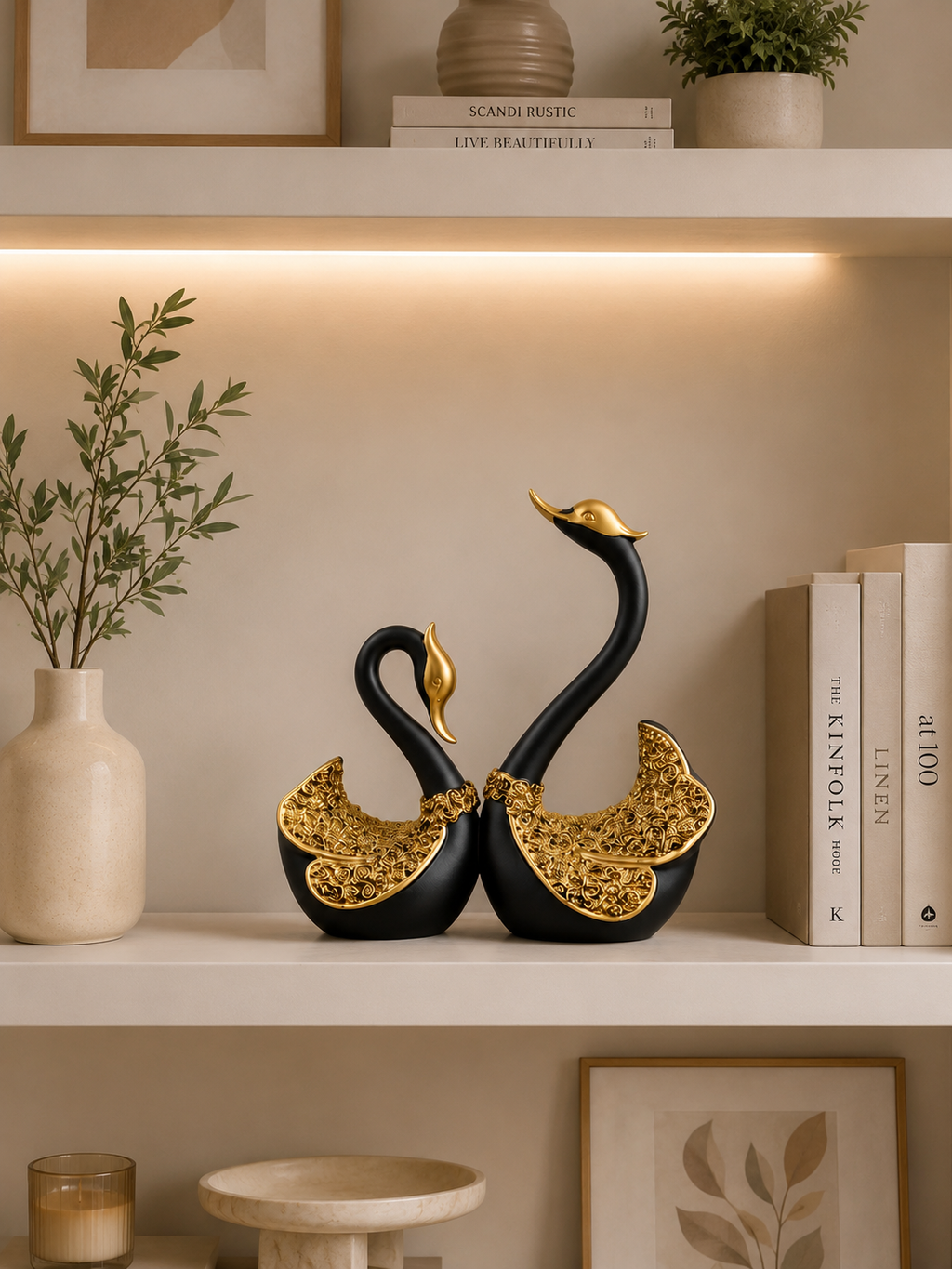 Luxury Black & Gold Swan Sculpture Set | Modern Decorative Showpieces | Elegant Home Décor (Set of 2)