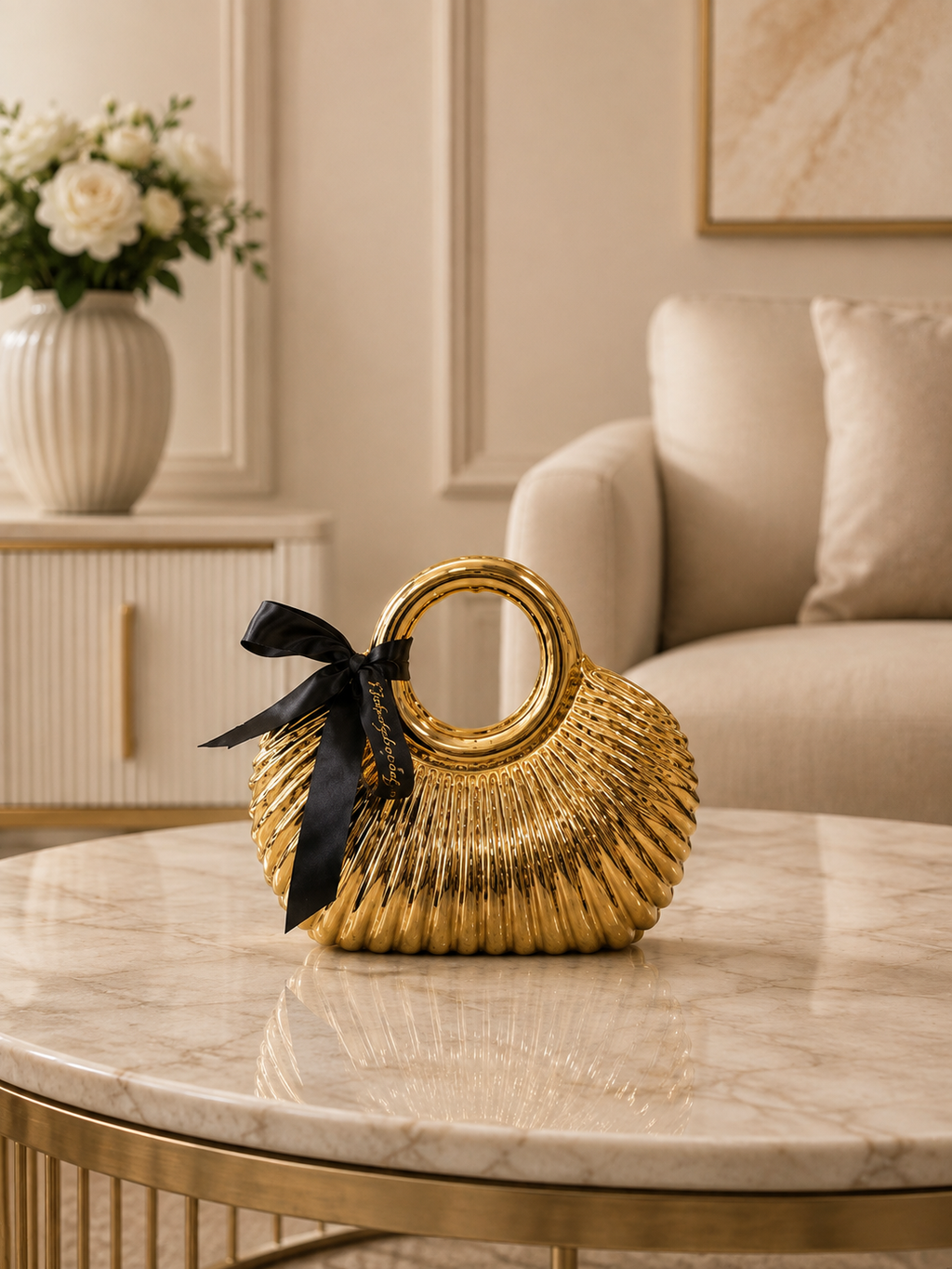 Luxury Ribbed Decorative Handbag Vase – Elegant Tabletop Accent with Ring Handle