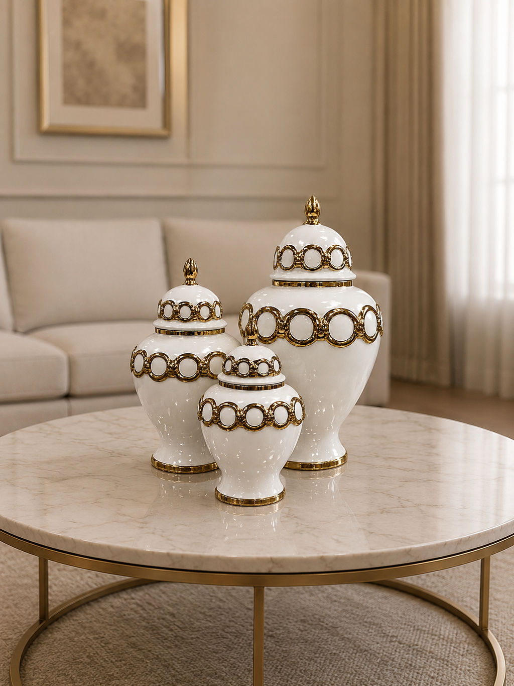 Luxury White & Gold Ceramic Ginger Jar Set | Decorative Candy Jars for Living Room & Console Table (Set of 3)