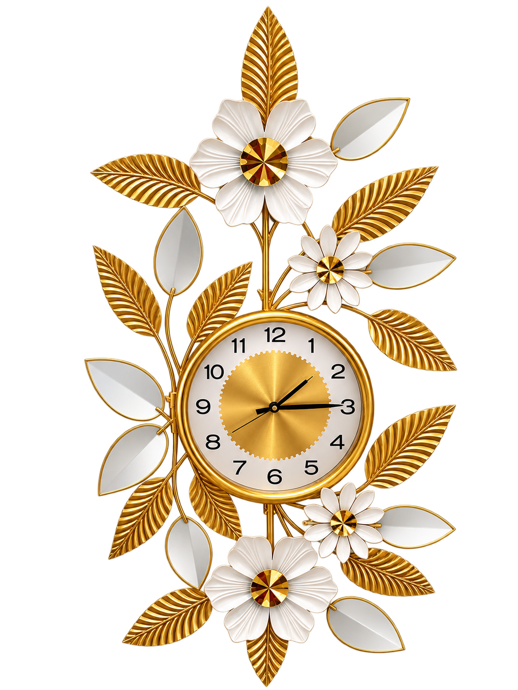 Luxury Gold & White Floral Wall Clock – Elegant Decorative Metal Wall Décor
