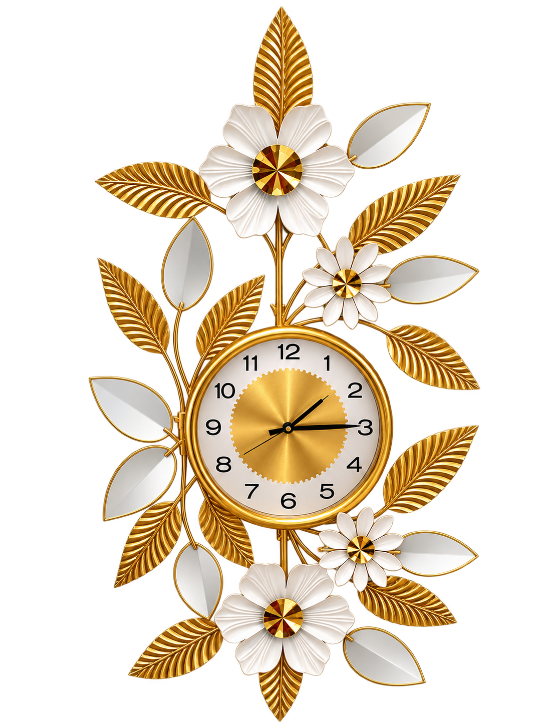Luxury Gold & White Floral Wall Clock – Elegant Decorative Metal Wall Décor