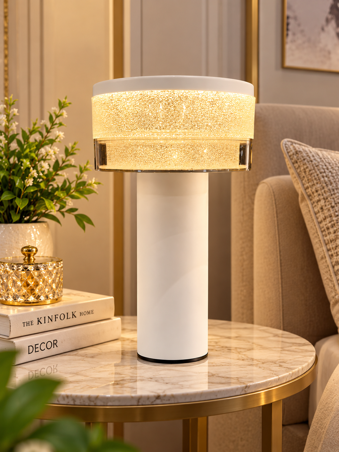 Modern White & Gold LED Table Lamp – Luxury Textured Light