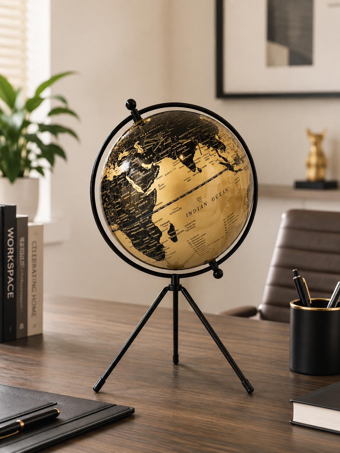 Luxury Black & Gold 360° Rotating World Globe on Tripod Stand – Decorative Tabletop Globe
