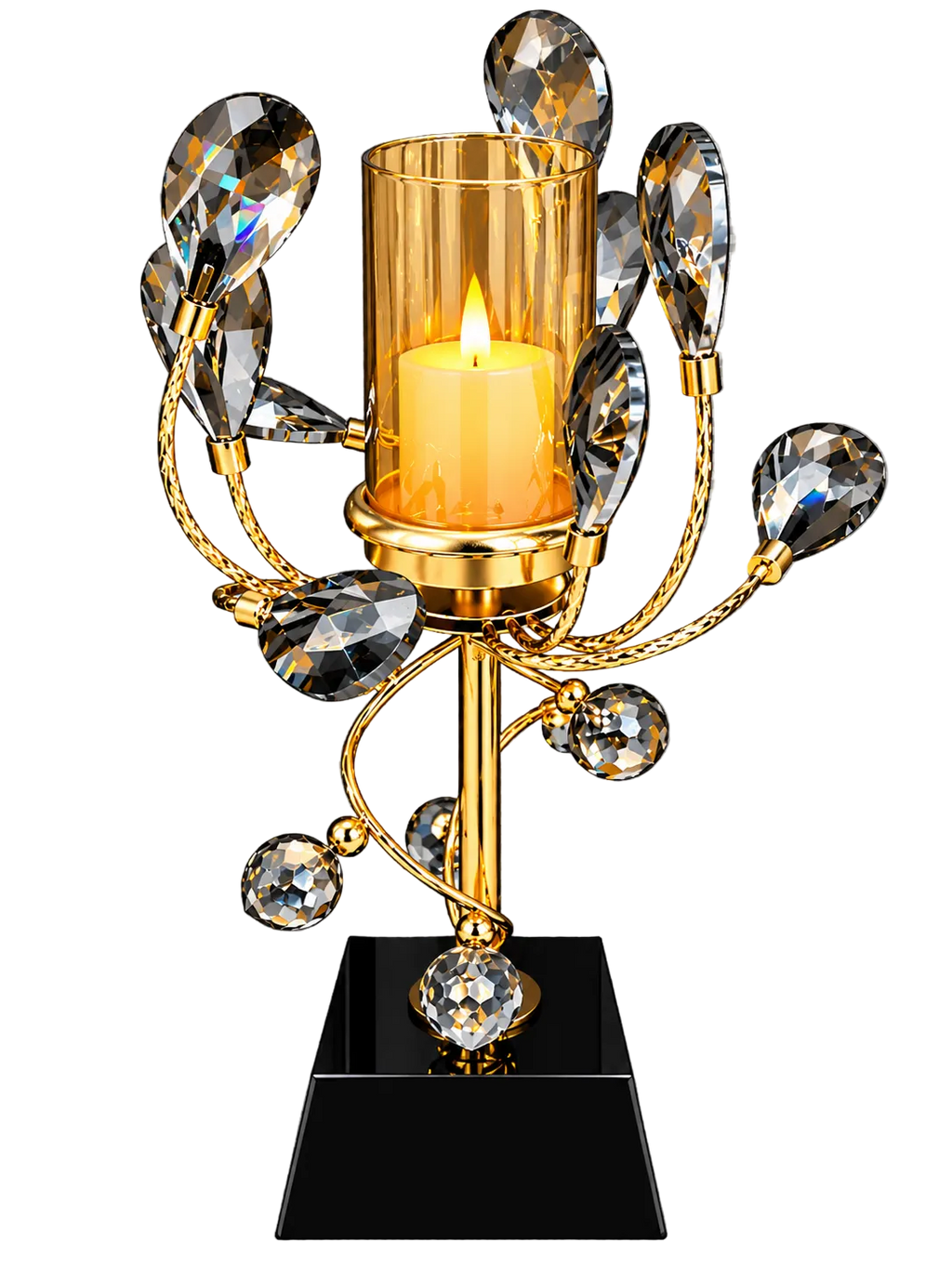 Luxury Gold & Black Crystal Candle Holder with Artistic Leaf Design