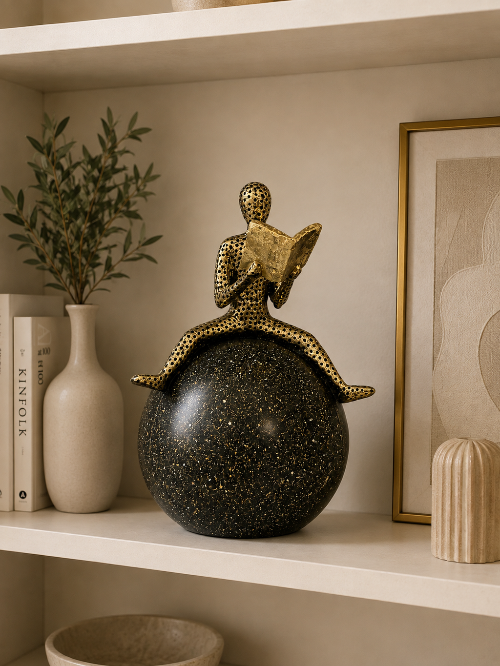 Abstract Reading Man Sculpture on Sphere – Modern Resin Decorative Figurine for Home & Office Decor