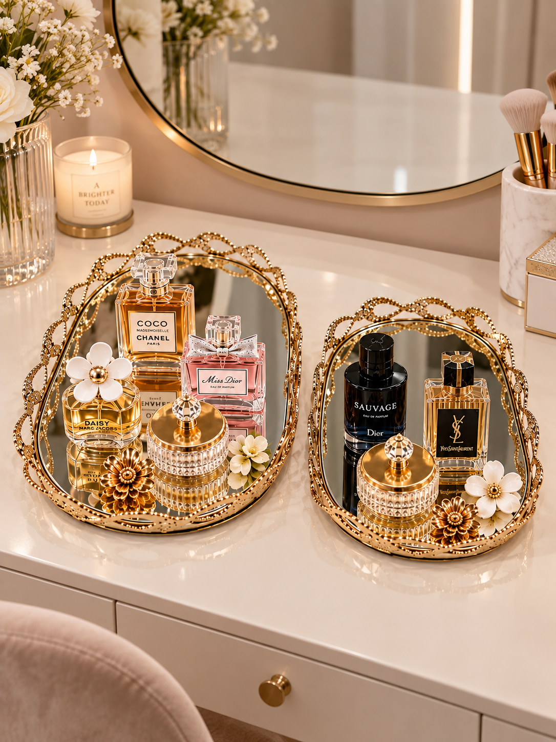 Luxury Gold Oval Mirrored Decorative Tray Set of 2