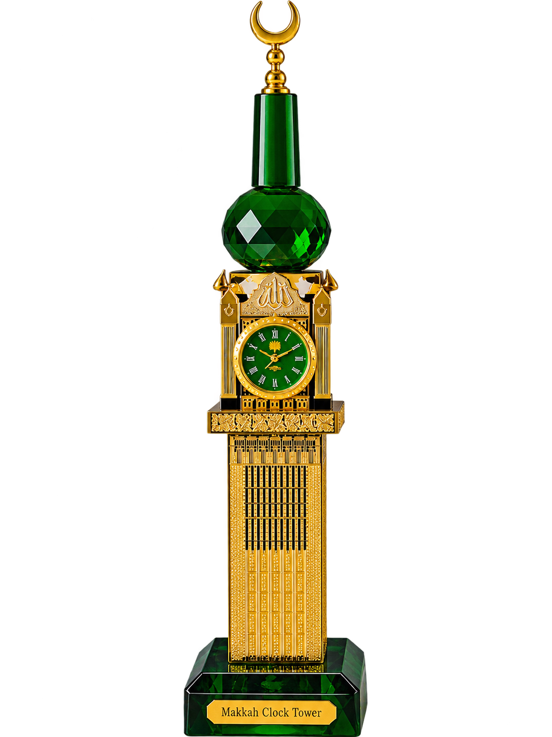 Luxury Makkah Clock Tower Islamic Decorative Showpiece – Green & Gold Tabletop Décor