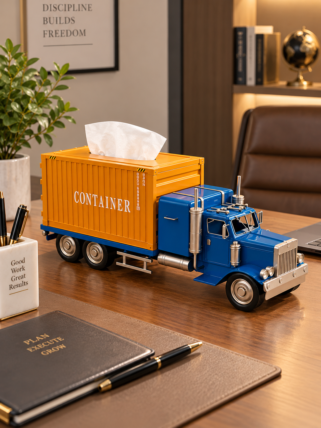 Vintage Blue & Orange Container Truck Tissue Holder – Unique Industrial Home Décor