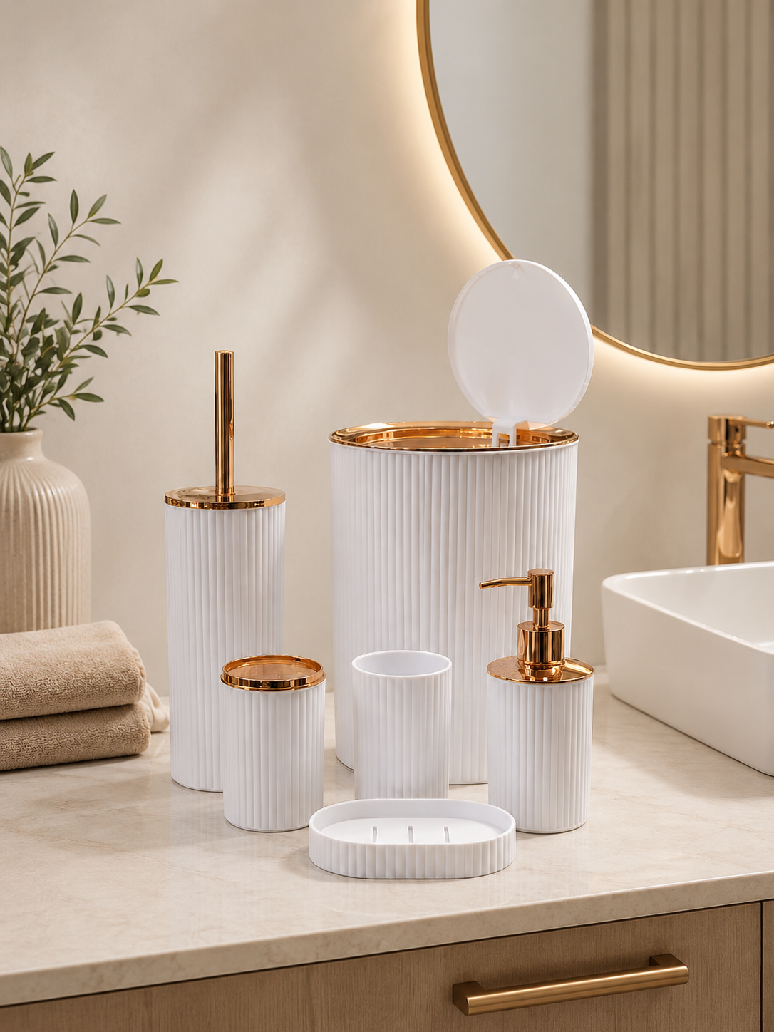 6-Piece Luxury White & Gold Bathroom Accessories Set | Soap Dispenser, Bin, Brush Holder & Organizer