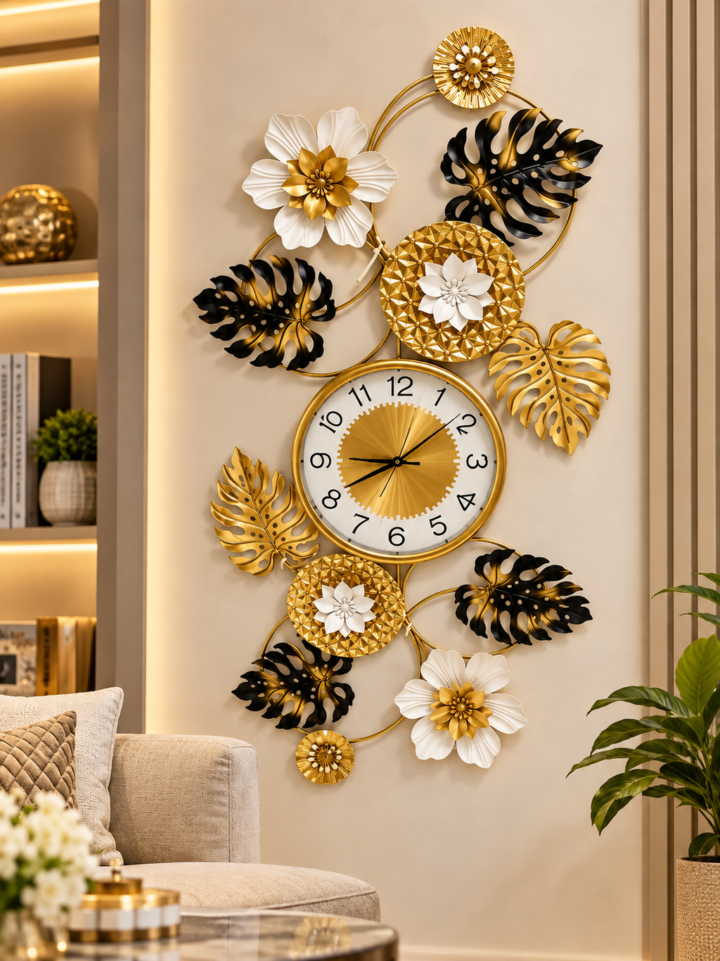 Luxury Gold & Black Floral Leaf Wall Clock – Modern Decorative Metal Wall Art