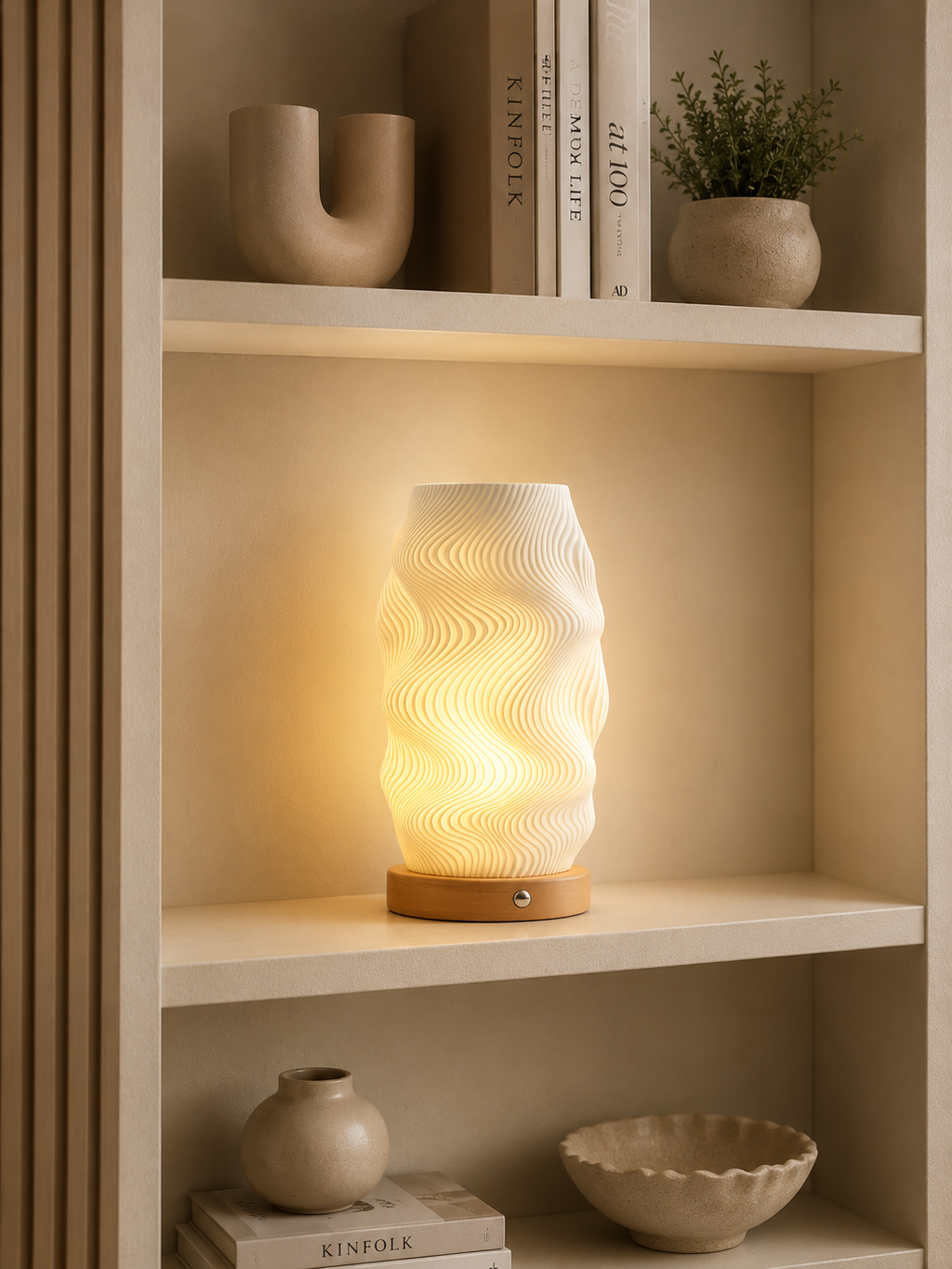 Modern Wave Table Lamp & Decorative Flower Vase | Wooden Base & Fibre Shade