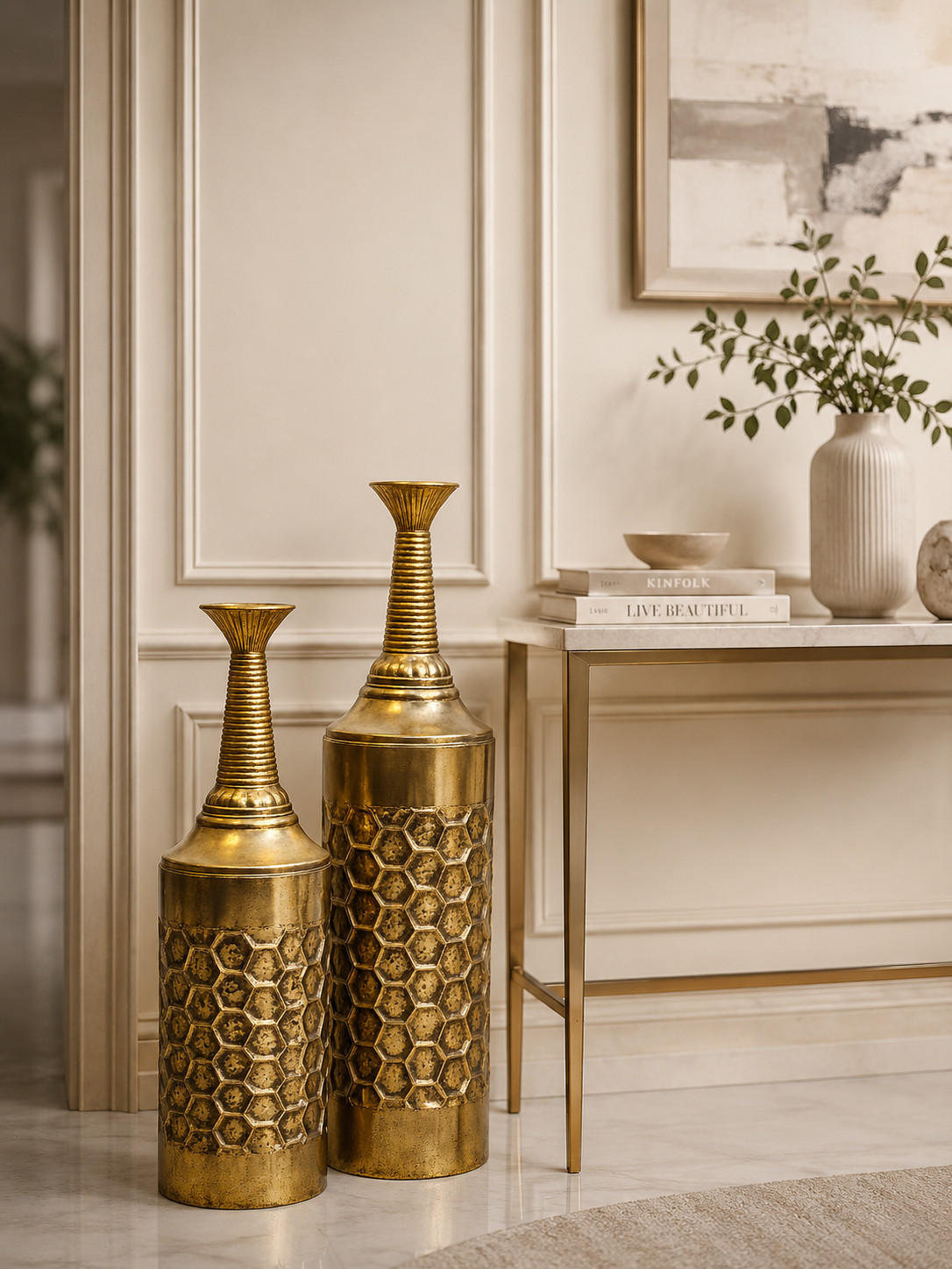 Luxury Honeycomb Metal Floor Vase – Antique Gold Decorative Vase