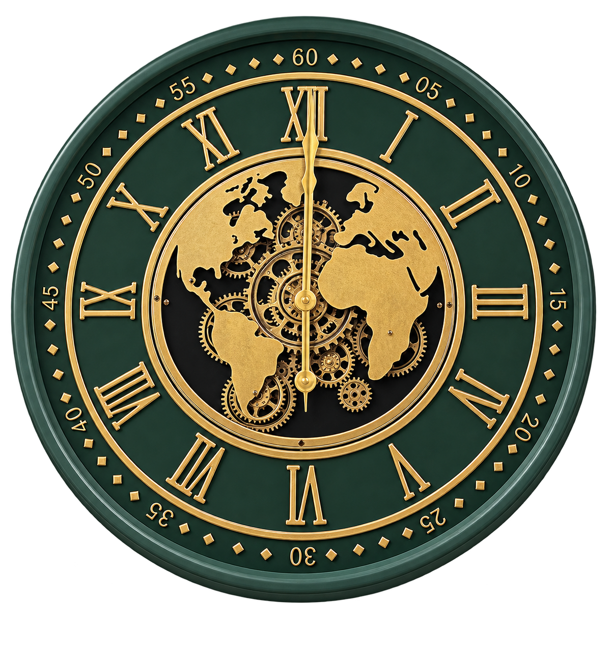 Luxury World Map Wall Clock – Green & Gold Roman Numeral Gear Design