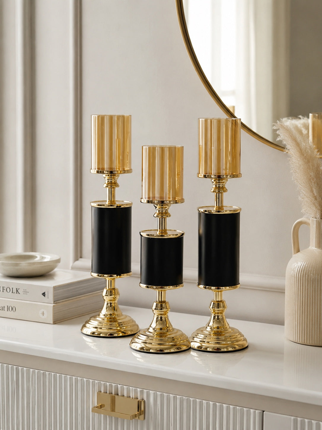 Luxury 3-Piece Glass Hurricane Candle Holder Set | Black & Gold Metal Candle Stands with Glass Shades | Modern Table Centerpiece