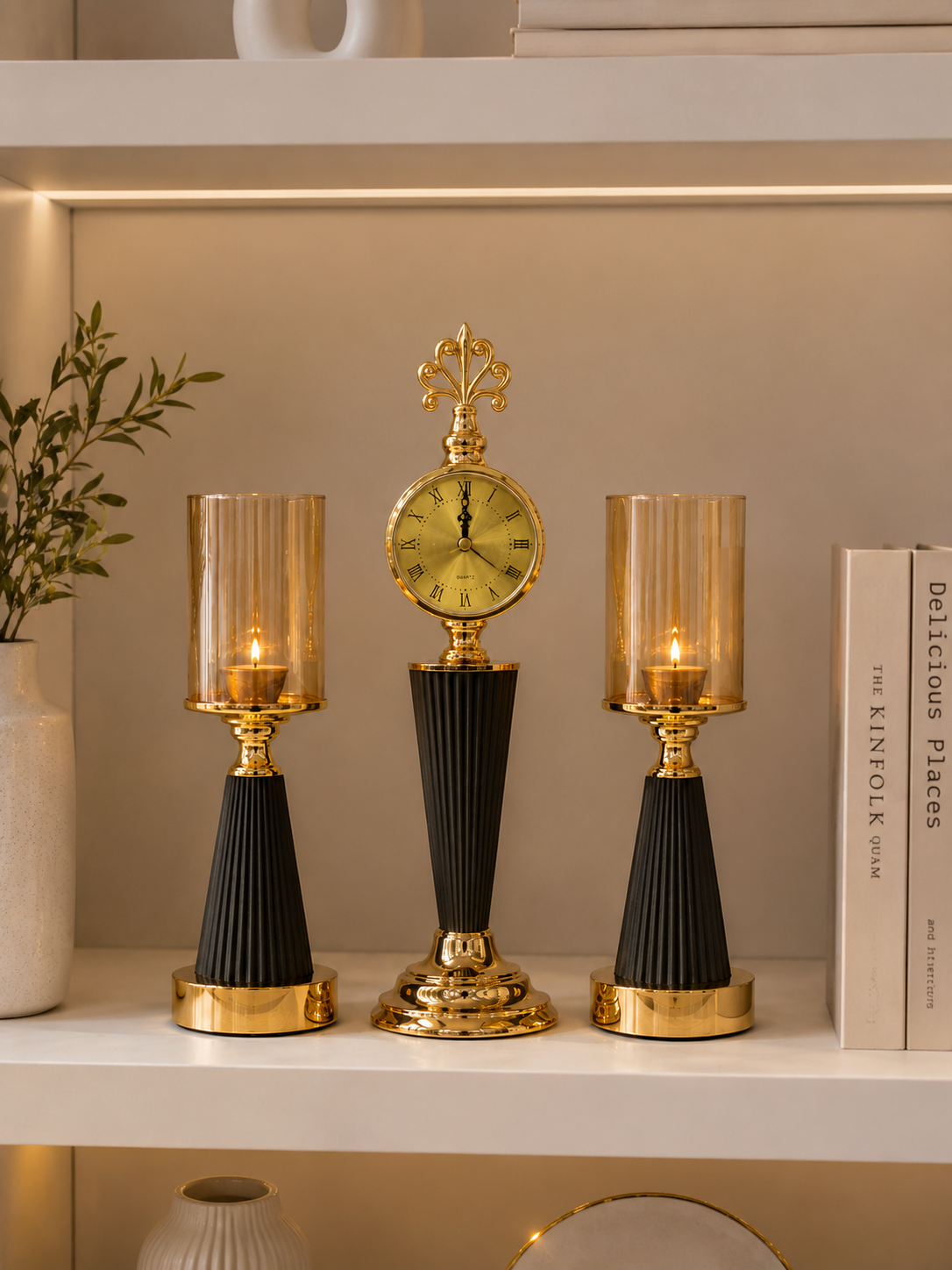 3-Piece Luxury Clock & Candle Holder Set | Modern Decorative Table Décor | Black & Gold