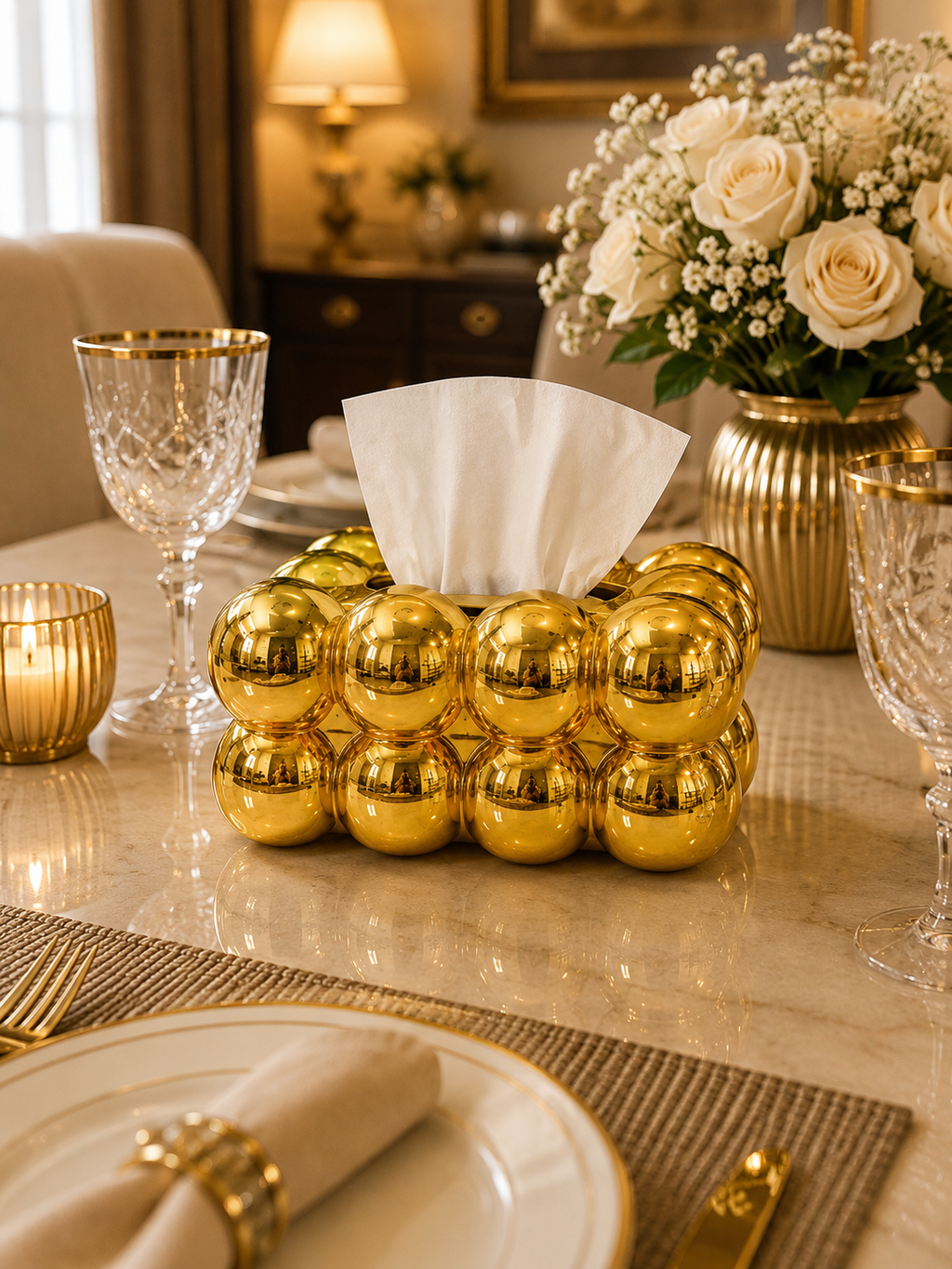 Luxury Gold Bubble Plastic Tissue Box Holder | Modern Decorative Tissue Case for Living Room, Office & Vanity