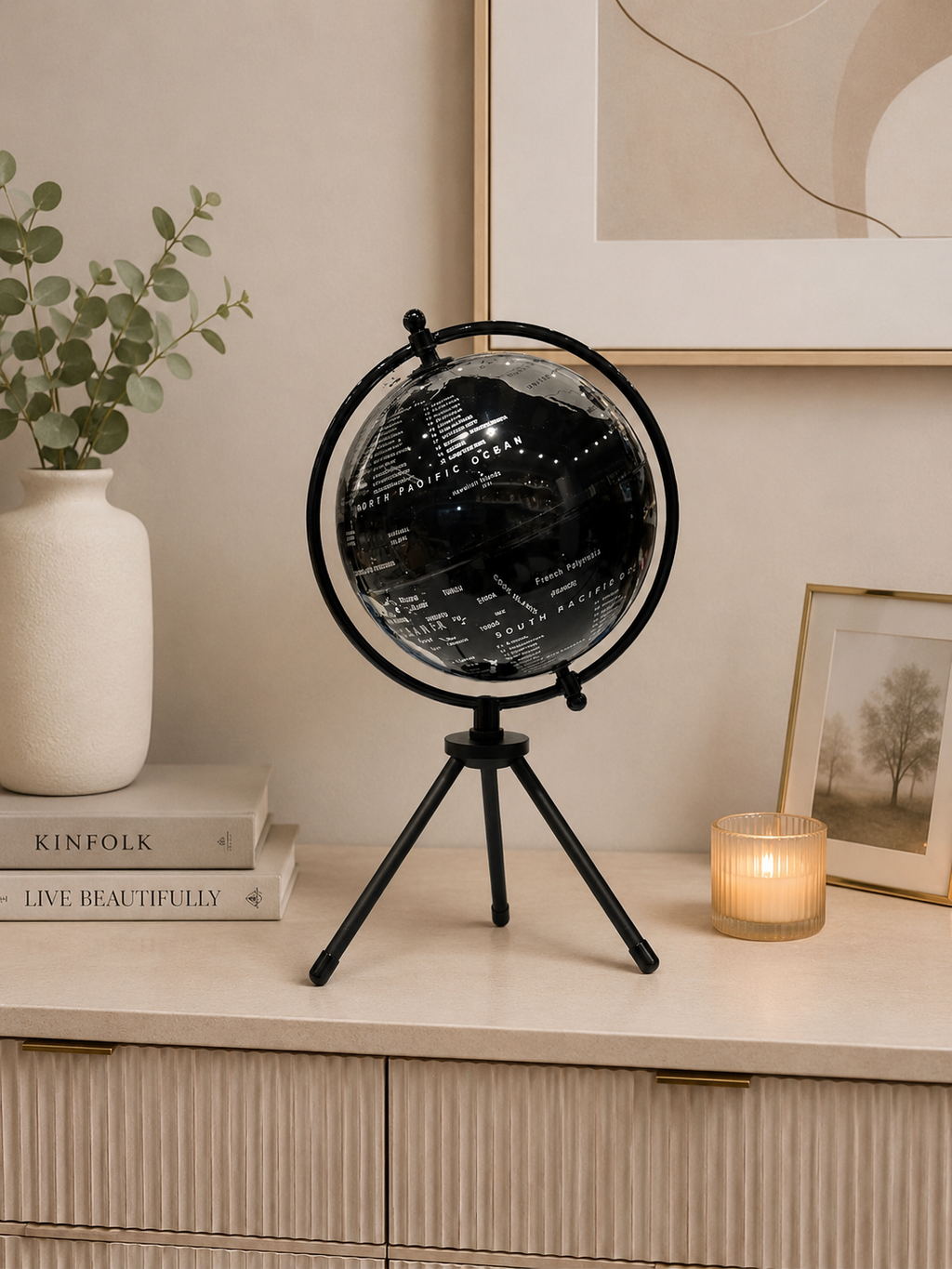 360° Rotating World Globe with Tripod Stand – Black & White Decorative Globe