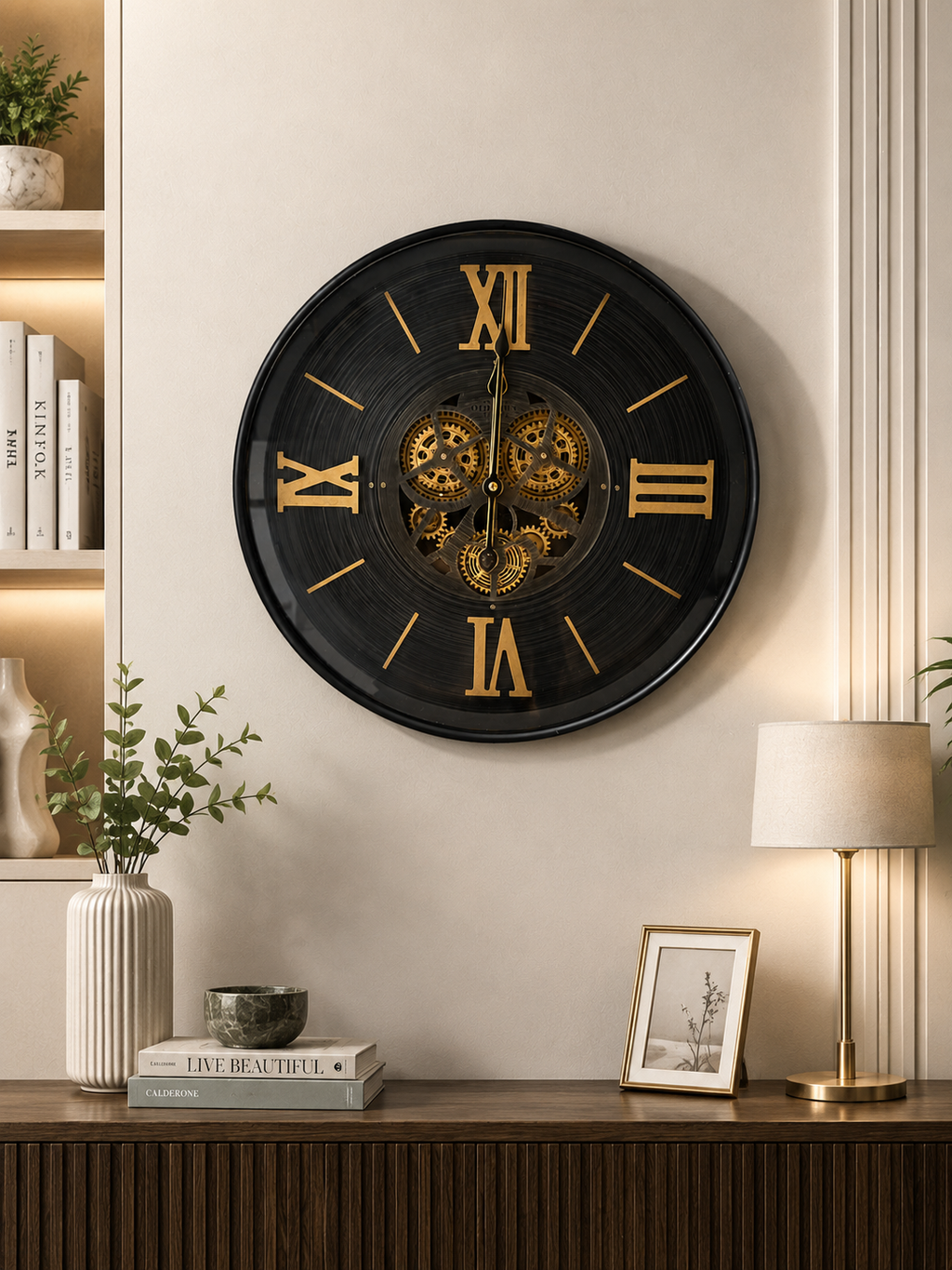 Luxury Black & Gold Roman Numeral Wall Clock with Exposed Gear Mechanism