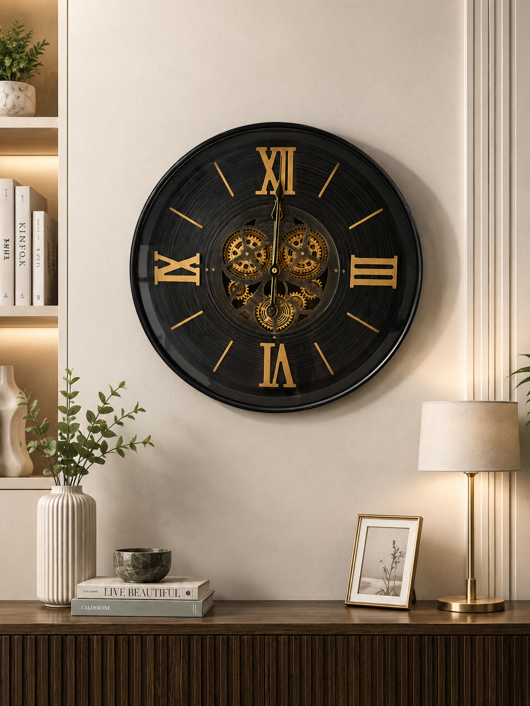 Luxury Black & Gold Roman Numeral Wall Clock with Exposed Gear Mechanism
